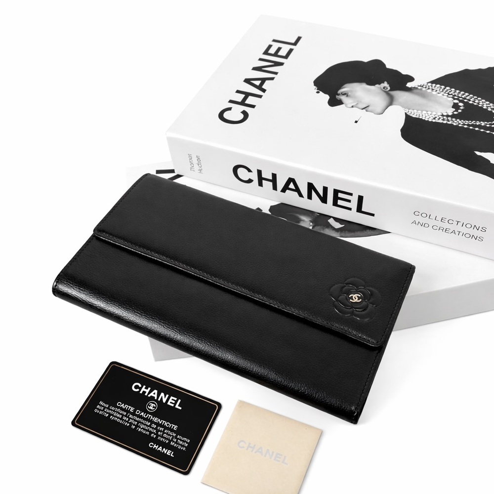Sold!Authentic Chanel Camellia Logo Black Leather Long Flap Wallet w/ Box & Card